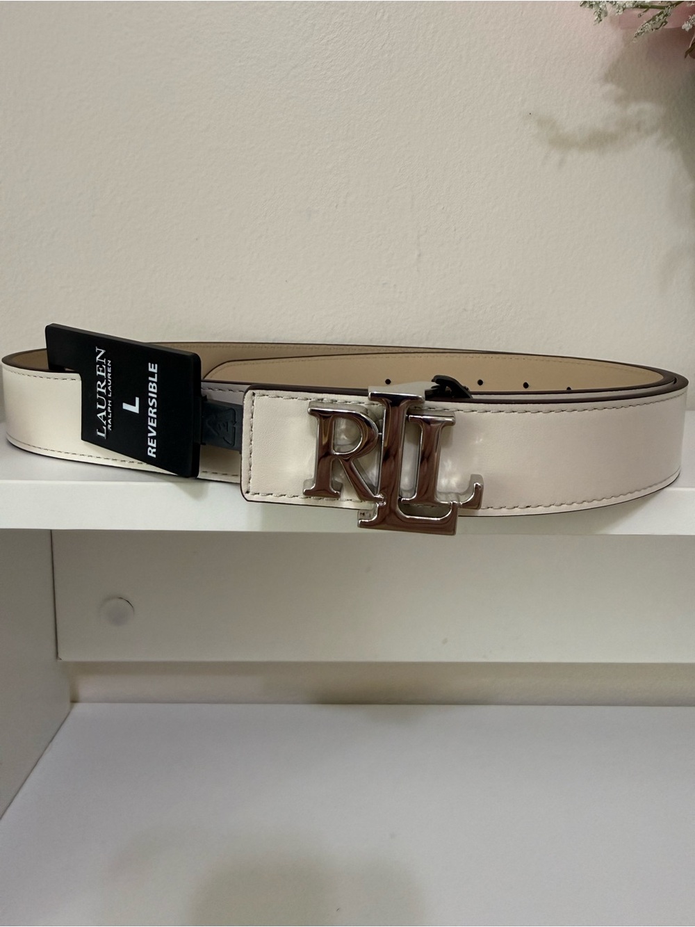Lauren Ralph Lauren Ivory To Sand Color Reversible Belt with RL Chrome Buckle